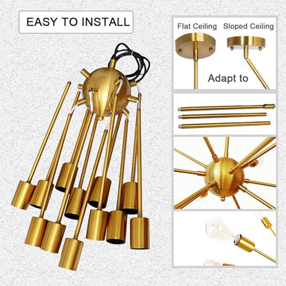 LynPon Gold Sputnik Chandeliers, 12 Lights Mid Century Modern Sputnik Chandeliers Gold Chandelier Light Fixture for Dining Room Living Room Ceiling Light Fixture for Entryway Foyer Kitchen Bedroom