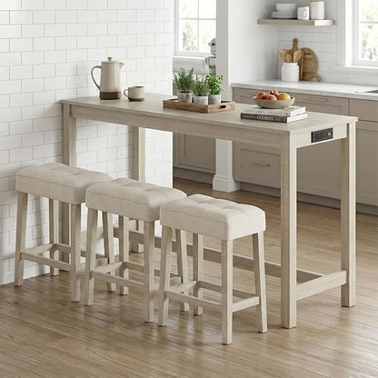 COSTWAY 4-Piece Breakfast Nook Bar Set with Built-in Charging Station, Counter Height Table with 3 Stools, Farmhouse Dining Room Table & Chairs with Wooden Frame & Cushioned Seat for Kitchen, Gray