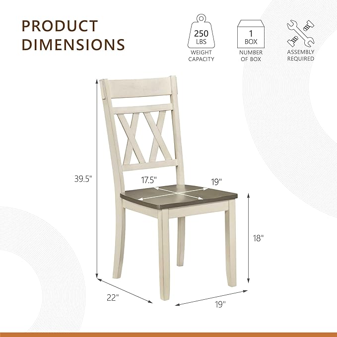 Lexicon Farmhouse Wood Dining Chair, Set of 2, Double Cross Back, Rustic Armless Chairs, Kitchen and Dining Room Furniture, Two-Tone Finish (Greywash and Antique White)