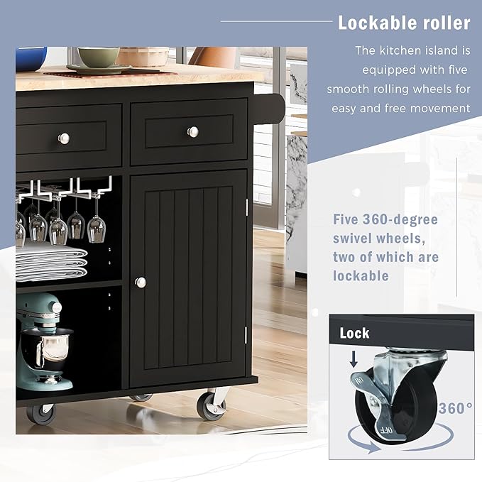 Ball & Cast Kitchen Island with Power Outlet,Kitchen Island with Drop Leaf and Rubber Wood,Open Storage and Wine Rack,5 Wheels,W/Adjustable Storage for Home,Kitchen,Dining Room,Black,40"