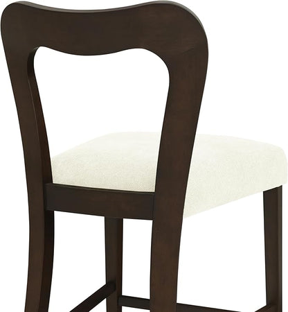 Counter Stools Without Arms Set of 2 (Dark Brown + Beige) - Solid Rubberwood Frame & Fabric Seat, Ergonomic Curved Back, 300LBS Capacity for Kitchen Island, Dining Room, Home Bar