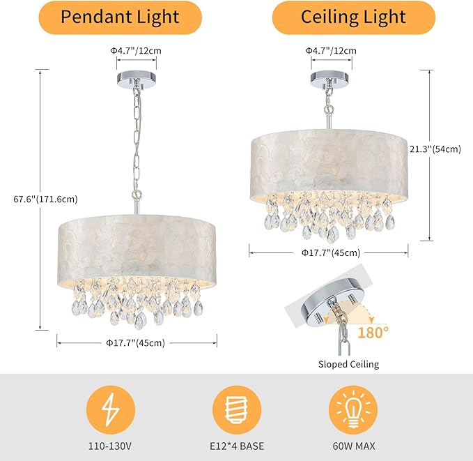 LumFurn 4-Light Drum Capiz Shell Crystal Chandeliers, Coastal Style Pendant Light Fixture for Dining Room, Living Room, D18 x 21~68"(Adjustable), Shell Lampshade & Chrome Finish