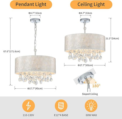 LumFurn 4-Light Drum Capiz Shell Crystal Chandeliers, Coastal Style Pendant Light Fixture for Dining Room, Living Room, D18 x 21~68"(Adjustable), Shell Lampshade & Chrome Finish