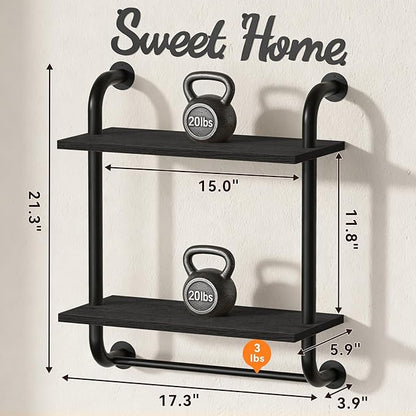 Tinpin Bathroom Shelves Wall Mounted, Rustic Farmhouse Pipe Shelves, Wall Shelves 2-Tier, Industrial Pipe Shelving, Floating Shelf Decor for Bathroom, Bedroom, Living Room Thanksgiving 17.3in Black