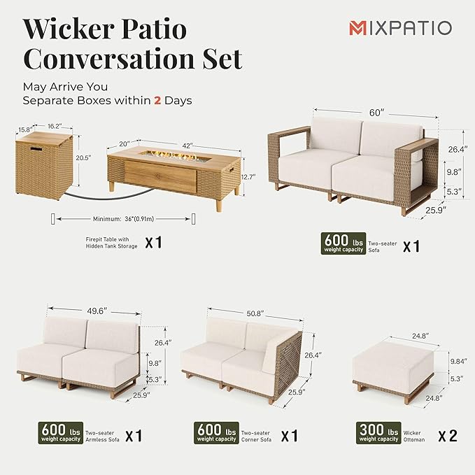 MIXPATIO Patio Sectional Furniture with Fire Pit, 9 Pieces Outdoor Wicker Sofa Set, Yellow Rattan Modular Conversation Sets with 10" Thick Cushions, L Shape Low Profile Lawn Deck Garden Furniture
