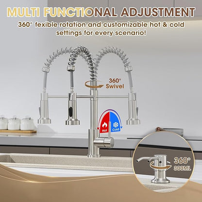 Faucets for Kitchen Sink with Sprayer, Brushed Nickel High Arc Single Handle Spring Stainless Steel Kitchen Sink Faucet with Soap Dispenser, Utility Ideal for RV Laundry Commercial & Camper