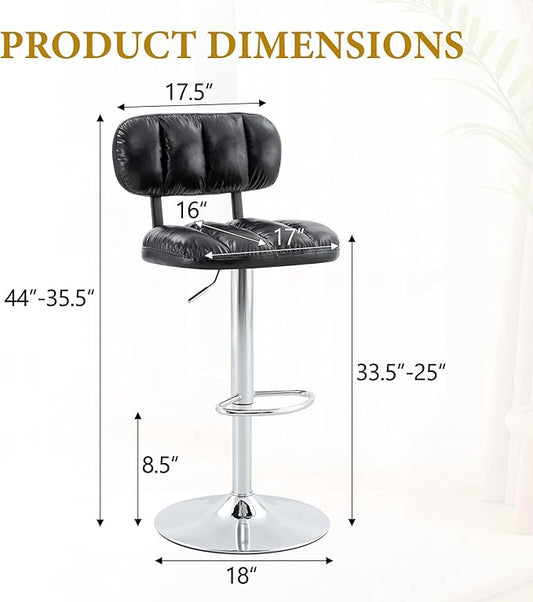 Set of 2 Adjustable Height Bar Stools, Black PU Leather Upholstered with Chrome Base Footrest, Comfortable Stools for Kitchen Island, Home Bar, Game Room Office Break Area