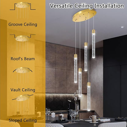 Modern Crystal Chandelier for Kitchen Island 5-Lights LED Pendant Lights Lighting for Dining Room Dimmable Ceiling Hanging 3000K-6000K
