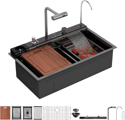 Sarlai Waterfall Kitchen Sink - 33 Inch Drop In Workstation Sink With Waterfall Black Stainless Steel 16 Gauge Multifunction Single Bowl Smart Top Mount Kitchen Sinks with Mechanical Keys 33x19 Inch