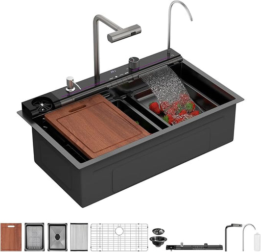 Sarlai Waterfall Kitchen Sink - 33 Inch Drop In Workstation Sink With Waterfall Black Stainless Steel 16 Gauge Multifunction Single Bowl Smart Top Mount Kitchen Sinks with Mechanical Keys 33x19 Inch