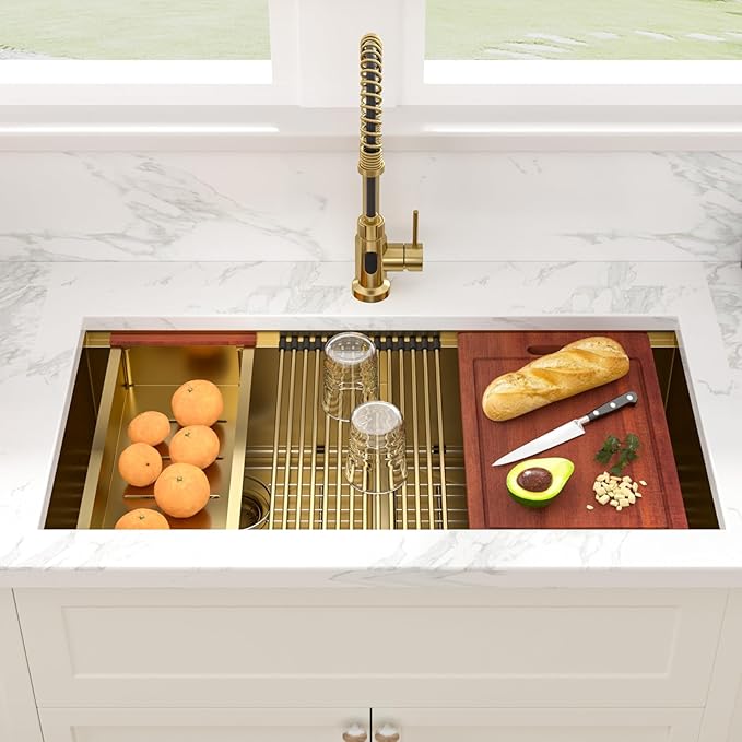 Sarlai 36 Inch Gold Undermount Kitchen Sink Double Bowl Large Workstation Sink Low Divided Gold Stainless Steel Sinks 16 Gauge 50/50 Sinks Double Basin