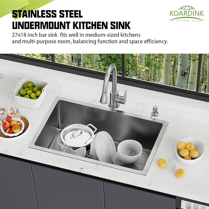 Kitchen And Bar Sink, 27x18 Inch Stainless Steel Undermount Modern Single Bowl Kitchen And Bar Sink Combo-Silicon Mat,Drain Strainer Set Compatibility With Various Kitchen&Bar Style