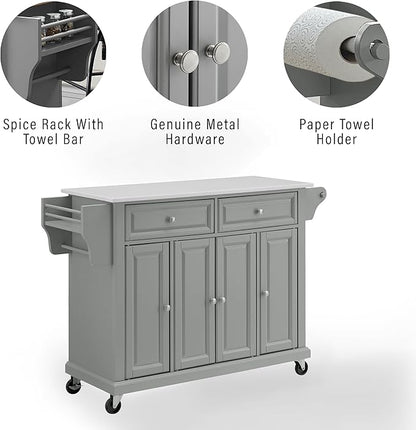 Crosley Furniture Full Size Stone Top Rolling Kitchen Island Storage Cart, Microwave Stand, Spice Rack, Gray