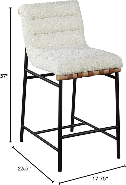 Lilola Home Lahni 18" W White Boucle Fabric Counter Height Chair – Contemporary Upholstered Bar Stool with Cognac PU Leather Detail and Fully Assembled Design for Kitchen Dining Room