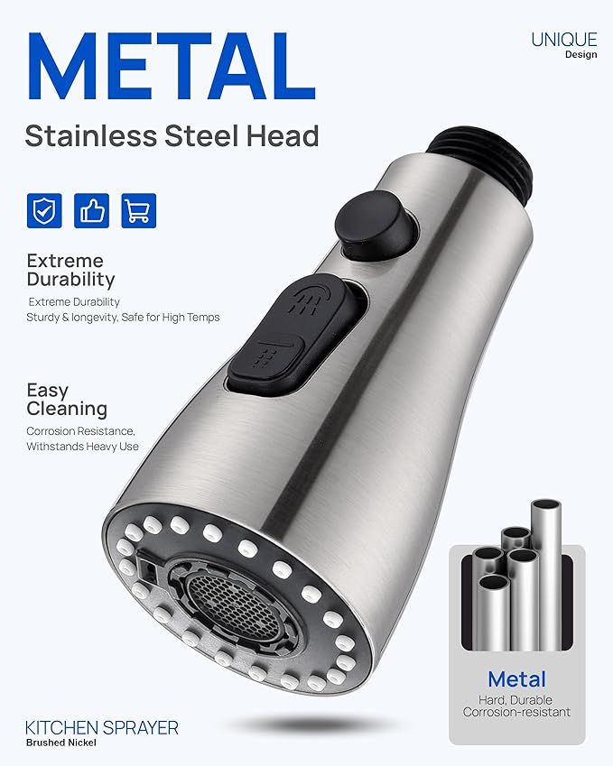 Metal Kitchen Faucet Head Replacement – 3 Mode High-Pressure Sink Sprayer Replacement with 15 Nozzle Adapters, Durable Pull Down Spray Head for Kitchen Sink (Stream/Spray/Blade), Stainless Steel