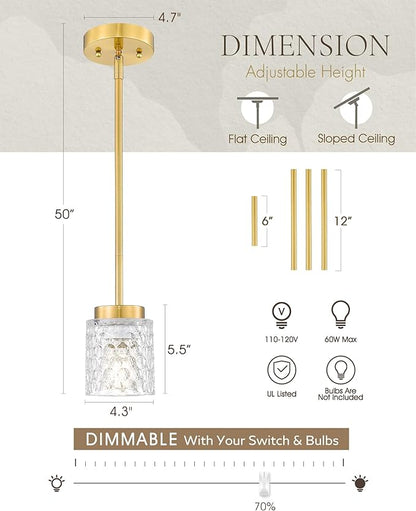 FEMILA Gold Pendant Light, 4" Pendant Light Fixtures, Kitchen Island Lighting, Hammered Glass, E26 Base, 4FY86MIL BG