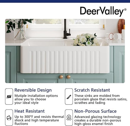 DeerValley Double Bowl Farmhouse Sink 33 inch, Ceramic Apron Front White Farm Sink, Deep Drop-in Fireclay Undermount Reversible Sinks with Grid & Strainer