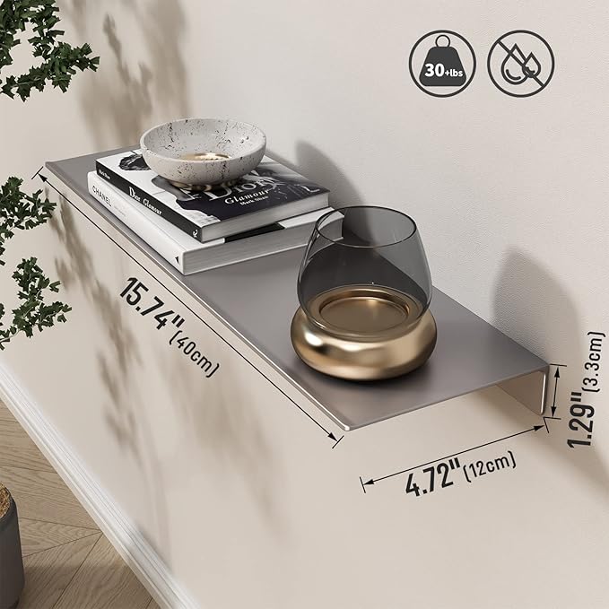 Danpoo Metal Wall Shelf, Small Floating Shelf Bathroom Wall Shelf, 16" Display Shelves for Wall Storage, Grey