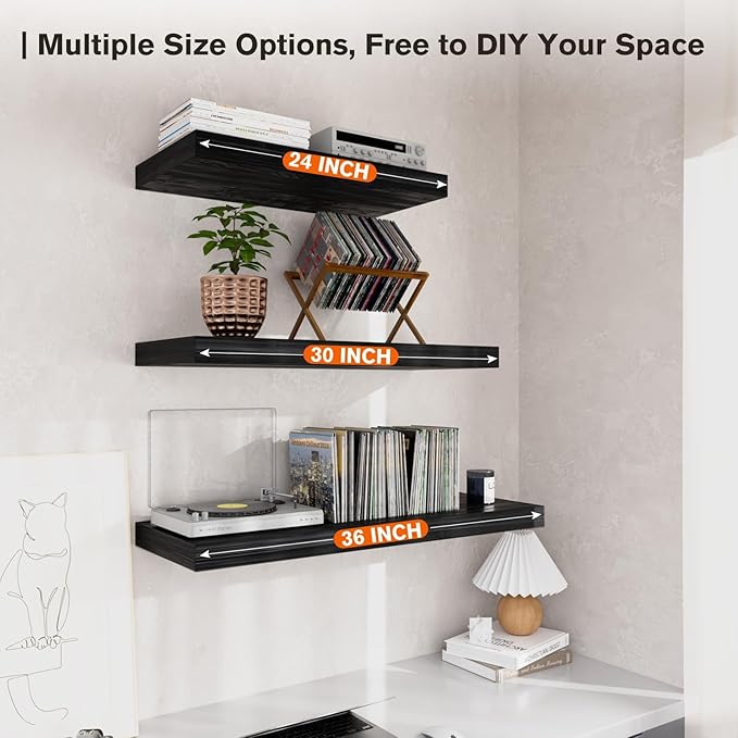 Floating Shelf, Set of 1 Wall Shelf, 36 in W x 12.75 in D x 2 in H Wooden Floating Wall Shelf with Invisible Brackets for Living Room/Bedroom/Bathroom/Kitchen Storage and Decor, Black Wood