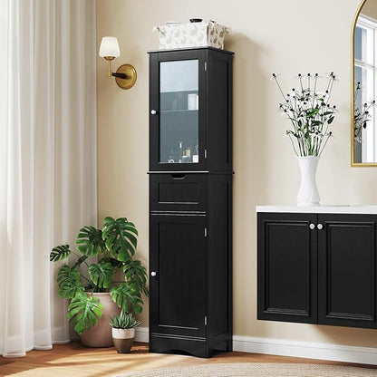 Tangkula 67" Tall Bathroom Storage Cabinet, Slim Freestanding Tower w/ 2 Doors & 1 Drawer, Narrow Floor Cabinet w/Adjustable Shelves & Tempered Glass Door for Bathroom Living Room (Black)