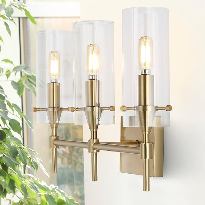 JONATHAN Y 21.25" Brass Gold/Clear Modern Farmhouse LED Vanity Light Sconce, Clear Glass Cylinder Shade, Wall Lamp for Bathroom Mirror Hallway Entryway, LED Bulb Included (JYL7807C)