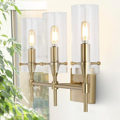 JONATHAN Y 21.25" Brass Gold/Clear Modern Farmhouse LED Vanity Light Sconce, Clear Glass Cylinder Shade, Wall Lamp for Bathroom Mirror Hallway Entryway, LED Bulb Included (JYL7807C)