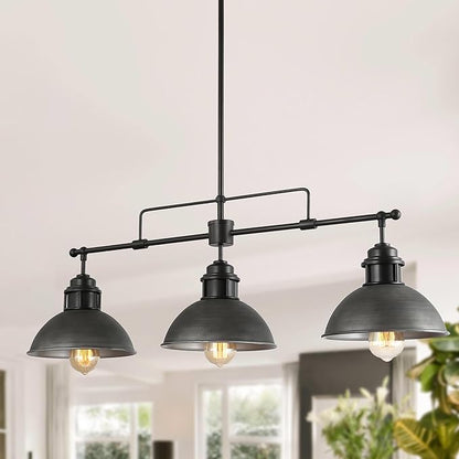 LOG BARN Chandeliers for Dining Room, 3 Light Industrial Kitchen Island Lighting, 35.7'' Farmhouse Pool Table Hanging Light Fixture, Black and Brushed Antique Silver Finish