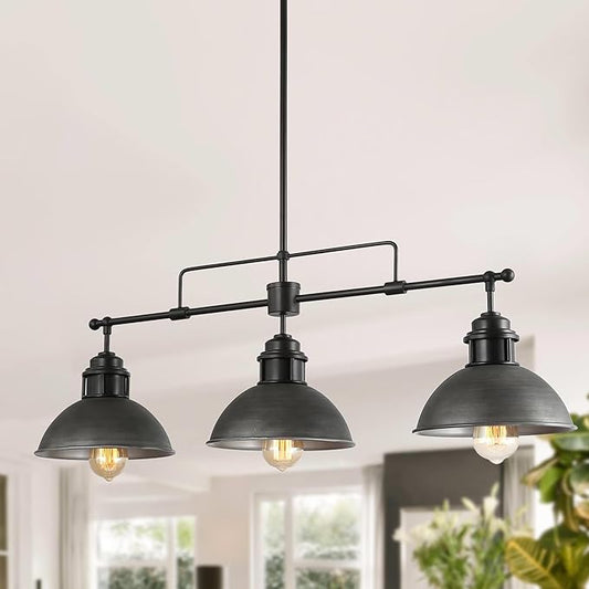 LOG BARN Chandeliers for Dining Room, 3 Light Industrial Kitchen Island Lighting, 35.7'' Farmhouse Pool Table Hanging Light Fixture, Black and Brushed Antique Silver Finish