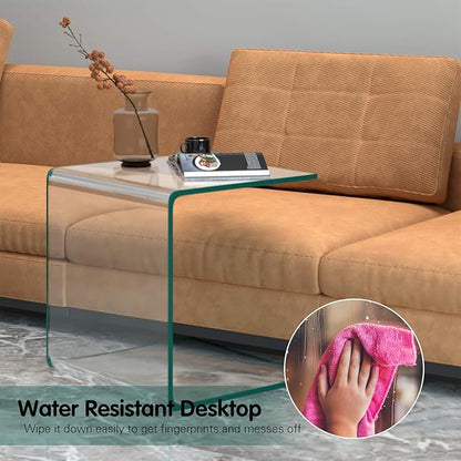 Tangkula Tempered Glass End Table, Clear Sofa End Tables with Waterfall Edges & Non-Slip Pad, 18 x 18 x 16 inches, No Assembly Needed, Transparent Glass Side Table for Living Room Bedroom Office
