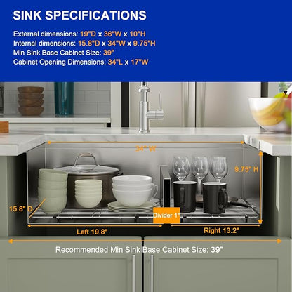Dcolora 36 In. Undermount Double Bowl Kitchen Sink, 60/40 Low Divide Workstation, 16 Gauge 304 Stainless Steel Sink, 36" x 19" x 10" #DC-U7739
