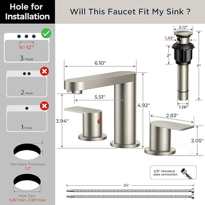 FORIOUS Brushed Nickel Bathroom Faucets 3 Hole, 8 Inch Widespread Bathroom Sink Faucet with Pop-up Drain and cUPC Supply Lines for Basin, Vanity, Laundry Room and Restroom