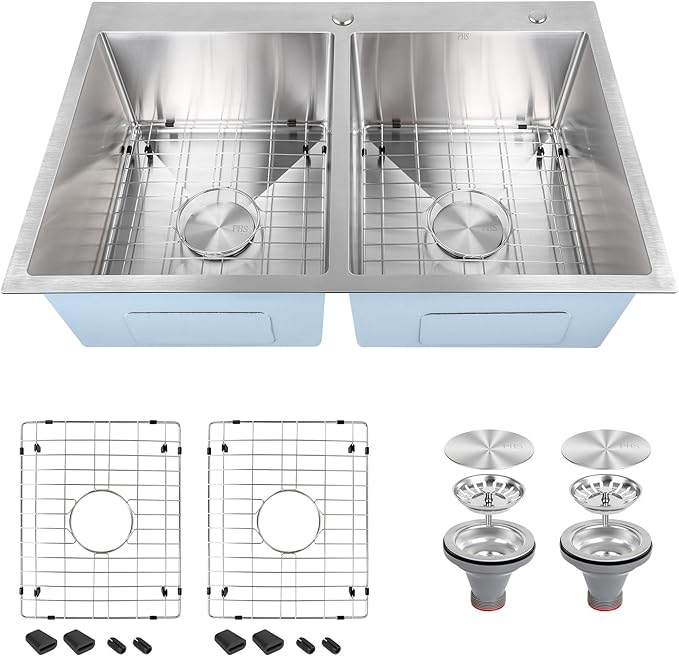 PHS 33 Inch Drop In Double Bowl Kitchen Sink 50/50-16 Gauge Stainless Steel Overmount Kitchen Sink 33x22 with Accessories, 9 Inch Deep Sinks with Brushed Finish
