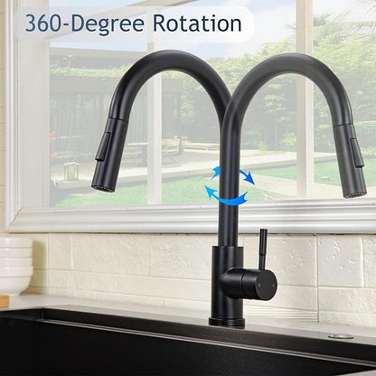 Hotis Black Kitchen Faucet with Pull Down Sprayer, High Arc Stainless Steel Sink Faucet, Single Handle Bar Faucet Black, Commercial Farmhouse RV Bar Sink Faucet, HT-KBD101B