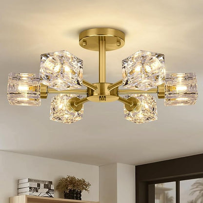 Modern Crystal Chandelier, 6-Light Gold Flush Mount Ceiling Light, 17.3" Sputnik Chandelier Light Fixture with K9 Crystal Shade, Industrial Pendant Light for Dining Room, Kitchen, Bedroom, Living Room
