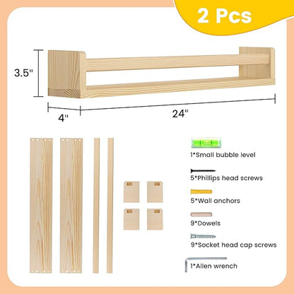 Fun Memories Nursery Book Shelves, 24Inch Floating Shelf for Wall, Wall Bookshelf for Kids Solid Wood Wall Mounted Shelves for Books,Toys and Decor Storage, Set of 2