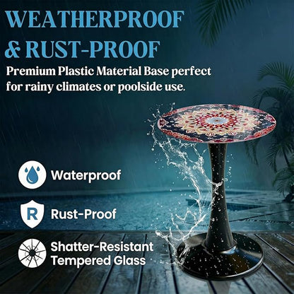 Simmer Stone 13.4" Outdoor Side Table, Round Patio Bistro Table Printed Tempered Glass Top, Waterproof Rust-Proof Base, Small Plant Stand for Balcony, Garden, Deck, 21.6" H (Ochre Color)