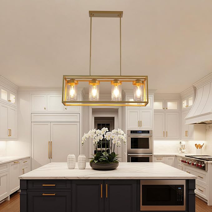 Gold Dining Room Light Fixture，Farmhouse Chandeliers for Dining Room，Rustic Rectangle Chandelier with Clear Glass Shade，Vintage Antique Linear Kitchen Island Light Fixtures