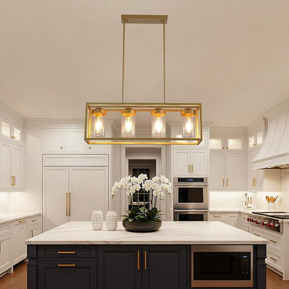 Gold Dining Room Light Fixture，Farmhouse Chandeliers for Dining Room，Rustic Rectangle Chandelier with Clear Glass Shade，Vintage Antique Linear Kitchen Island Light Fixtures