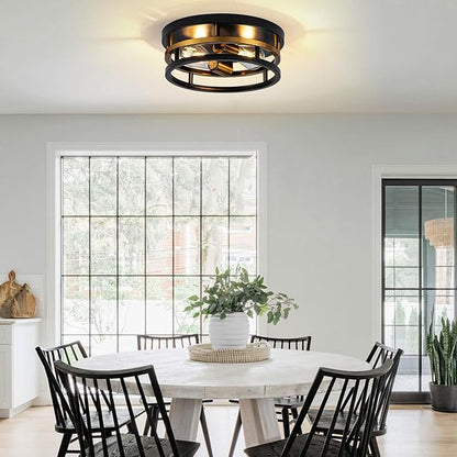 Antique Gold Bronze Flush Mount Light, Electroplated Bronze & Black 2-Light Fixture for Kitchen Hallway Bedroom, Low Profile E26 Close-to-Ceiling Lighting (Single Unit)