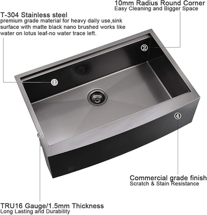 33 Inch Farmhouse Kitchen Sink Workstation Black - VOKIM 33x22 Apron Front Kitchen Sink Stainless Steel 16 Gauge Single Bowl Gunmetal Farm Sink