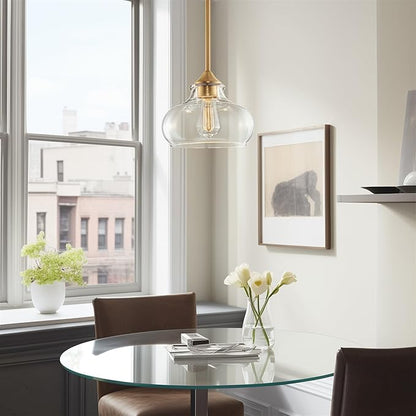 Kira Home Harlow 9" Modern Schoolhouse Pendant Light with Clear Glass Shade, Industrial Farmhouse Hanging Light with Schoolhouse Glass, Warm Brass Finish