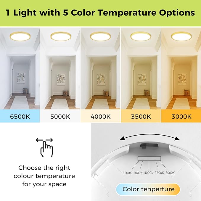 2Pack LED Flush Mount Ceiling Light Fixture Golden, 12Inch 24W, Dimmable&3000K-6500K Adjustable Low Profile Ceiling Lights, 3200LM Modern Lamp for Kitchen, Bedroom, Porch, Hallway