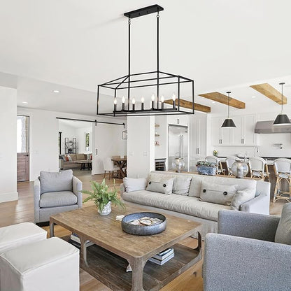 Dining Room Chandelier,7 Light Kitchen Island Light Modern Farmhouse Chandeliers Contemporary Pendant Light Matte Black Finish Rectangle Modern Pendant Light Adjustable Height