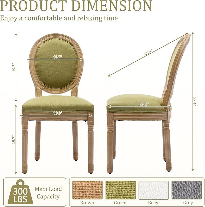 Linen Wooden Dining Chair Set of 6, Upholstered Farmhouse Dining Chair with Solid Wood Frame, Kitchen & Dining Room Chairs for Living Room, Restaurant, Bedroom (Green-Padded, Set of 6)
