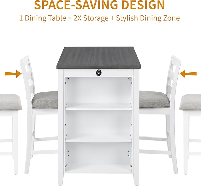 Bar Table Set with Charging Station & 3-Tier Storage, Space-Saving Dining Table Set for 2 with Upholstered Chairs, Small Kitchen Island for Apartment (30 Inch+Off White)
