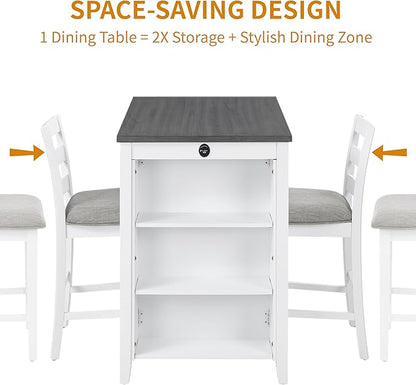 Bar Table Set with Charging Station & 3-Tier Storage, Space-Saving Dining Table Set for 2 with Upholstered Chairs, Small Kitchen Island for Apartment (30 Inch+Off White)