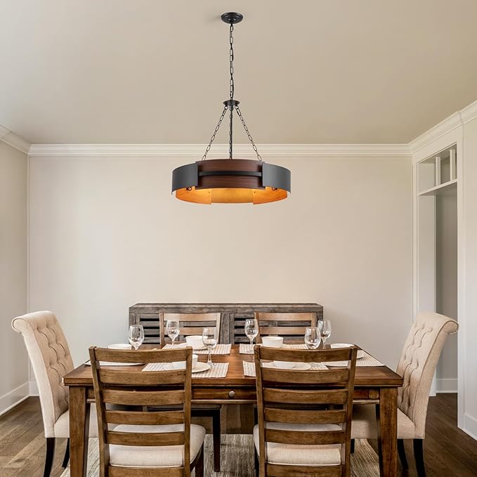 Modern Farmhouse Chandelier 26" Industrial Drum Pendant Lighting Fixture 5-Light Black Walnut Grain Finish for Dining Room Kitchen Island Office Living Room
