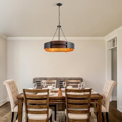 Modern Farmhouse Chandelier 26" Industrial Drum Pendant Lighting Fixture 5-Light Black Walnut Grain Finish for Dining Room Kitchen Island Office Living Room