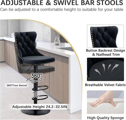 Modern Clear Glass High Top Bar Table Set for 4, Adjustable Bar Stools Island Chairs, Round Pub Table with 4 Velvet Counter Stools for Home Kitchen (Black Metal Legs, Clear Top + Black Chair)