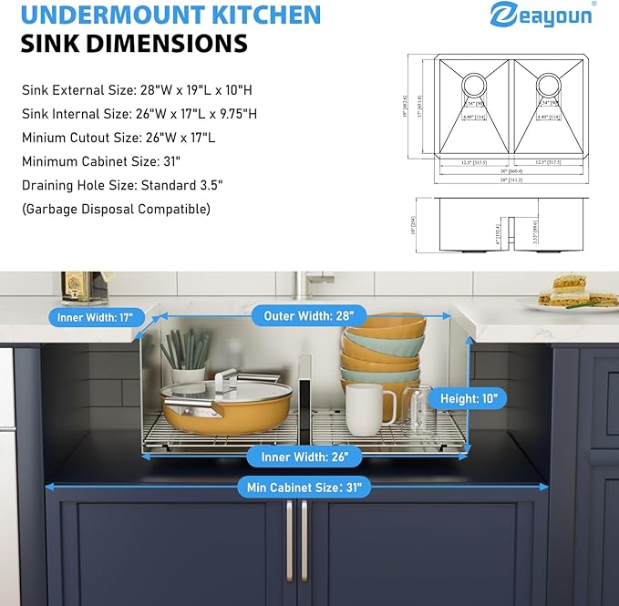 28 Inch Undermount Double Bowl Kitchen Sink 16 Gague 304 Stainless Steel Double Handmade Sinks 50/50 Large Deep Double Bowl Sinks 28"x19"x10"